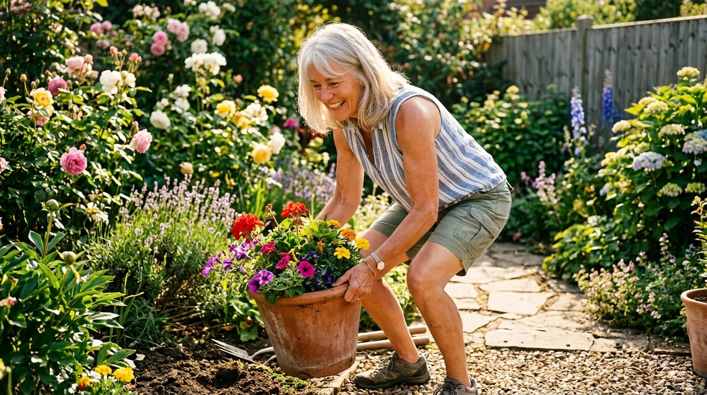 An older woman happily lifting a terracotta pot of flowers in a vibrant sunny garden.
