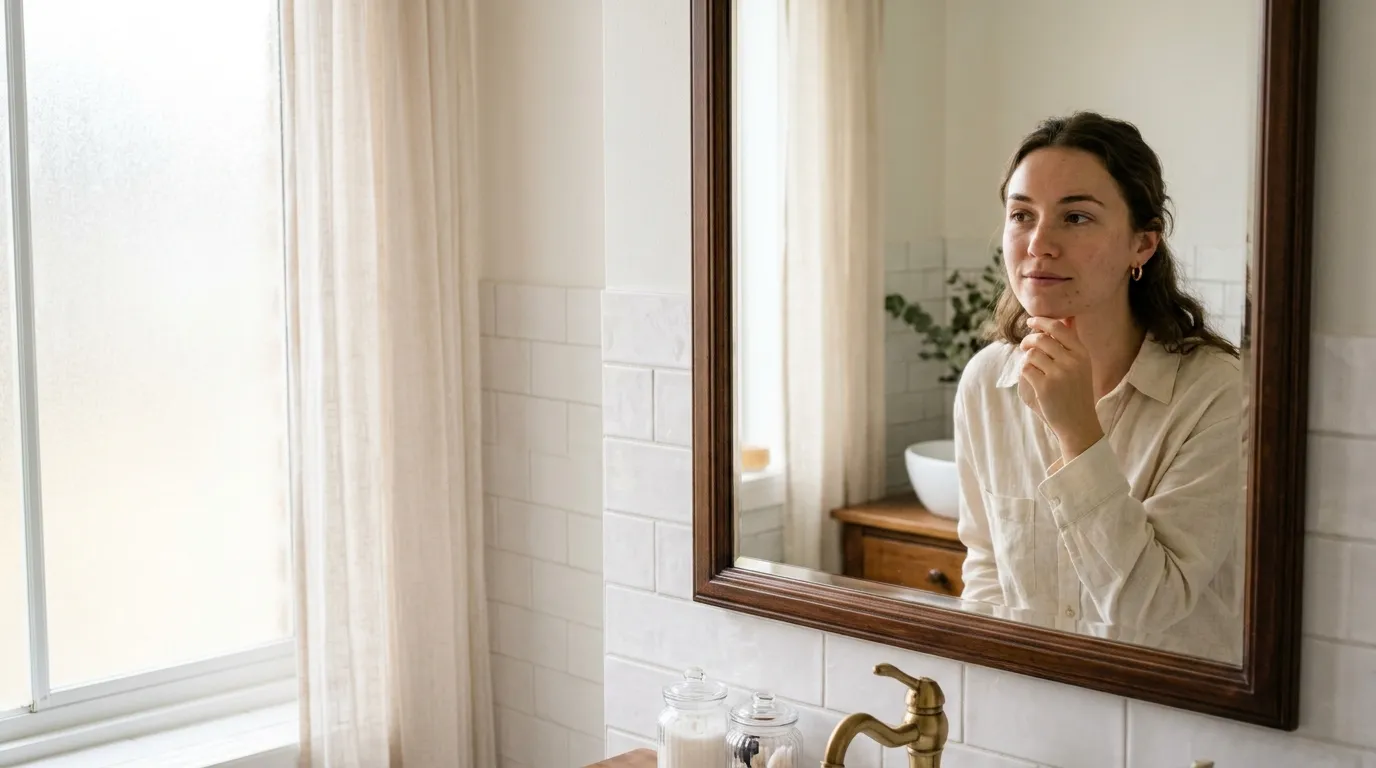 A thoughtful woman looking at her face in a beautifully lit bathroom mirror