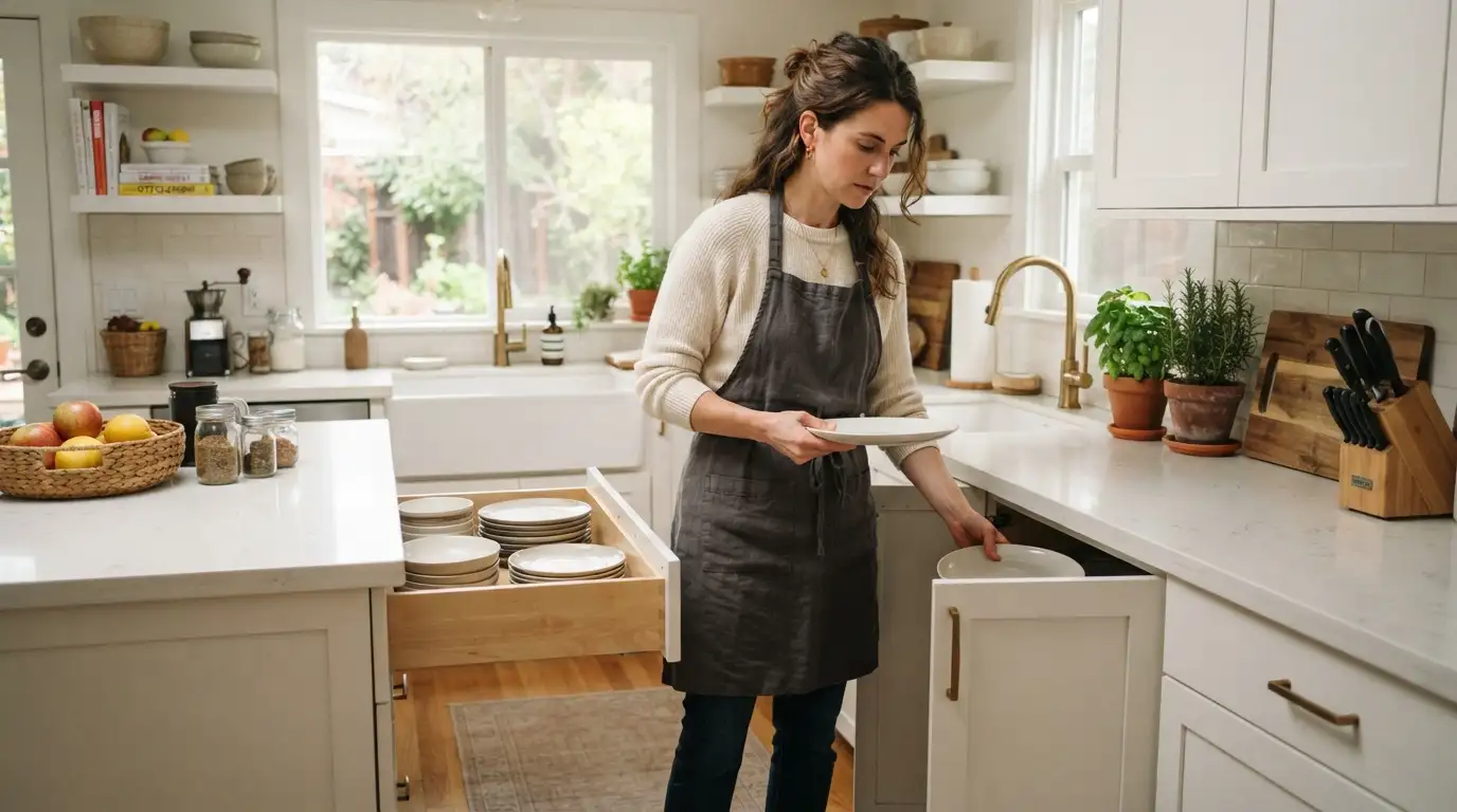 Woman organizing small appliances and items from her kitchen counter into cabinets
