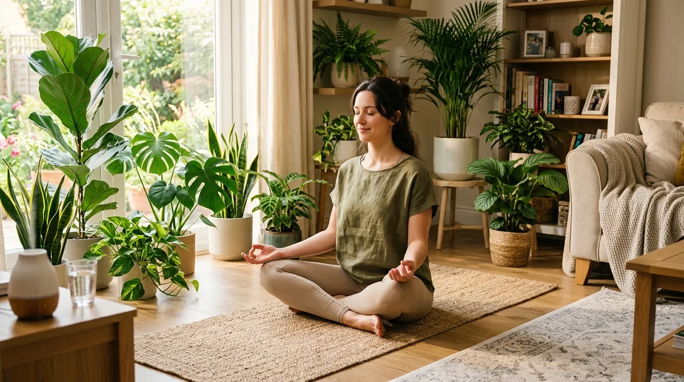A serene woman practicing yoga and meditating in a sunlit room