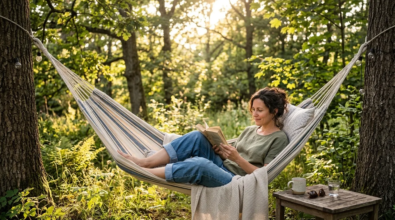 A relaxed woman reading a book in a hammock under dappled sunlight