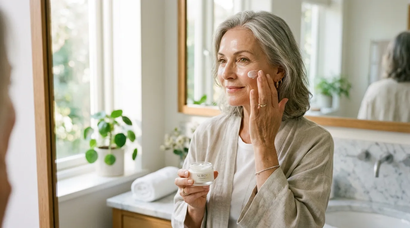 A mature woman gently applying hydrating moisturizer in a sunlit bathroom