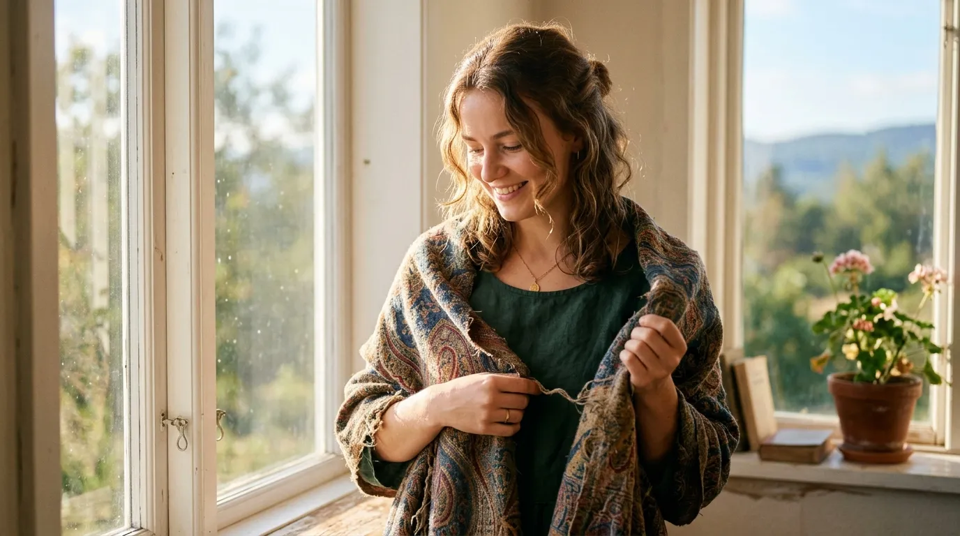 A young woman peacefully wearing the faded shawl, bathed in morning sunlight.
