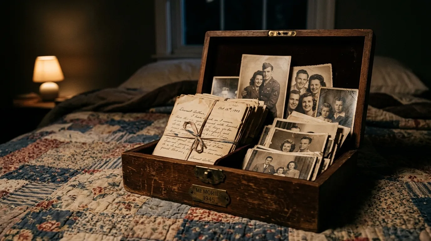 An open antique wooden box filled with old letters and faded family photographs