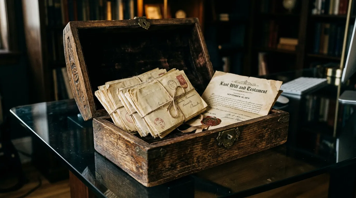 A wooden box on a desk filled with unopened letters
