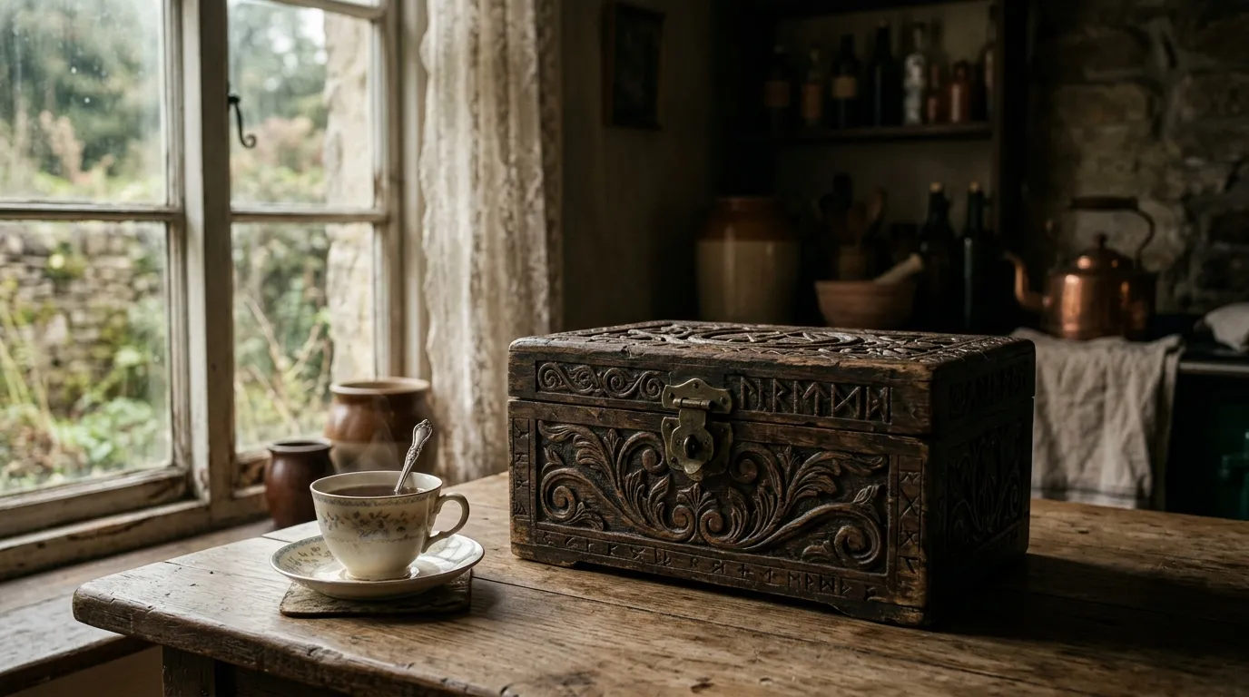 A weathered wooden box sitting on a rustic kitchen table next to a teacup, softly lit by window light.