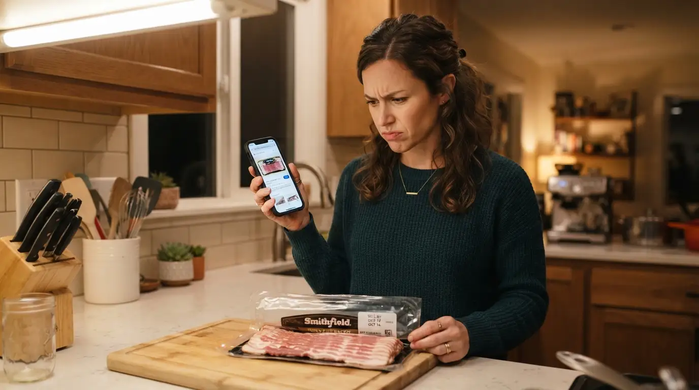 Worried shopper staring at bacon package while holding a phone in a bright kitchen