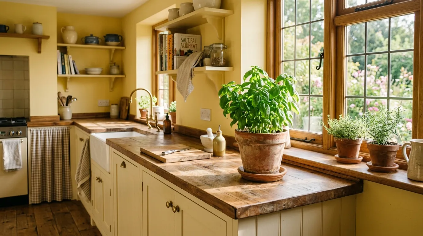 A cozy, warmly lit kitchen painted in a soft, welcoming yellow with a healthy, leafy green basil plant sitting in a terracotta pot on the counter.