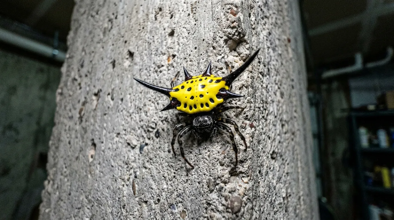 Close up of a bright yellow spiny orb weaver spider on a garage wall