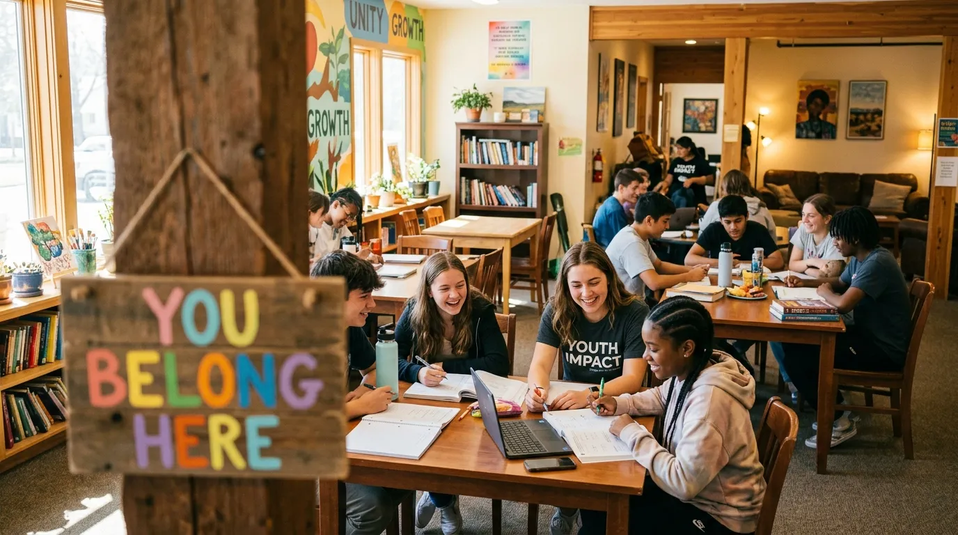 A bright youth center filled with teenagers and volunteers, with a sign reading 'You belong here.'