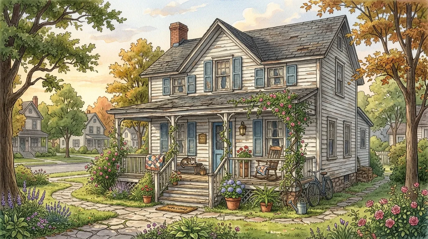An older suburban house with blue shutters and overgrown wild roses.