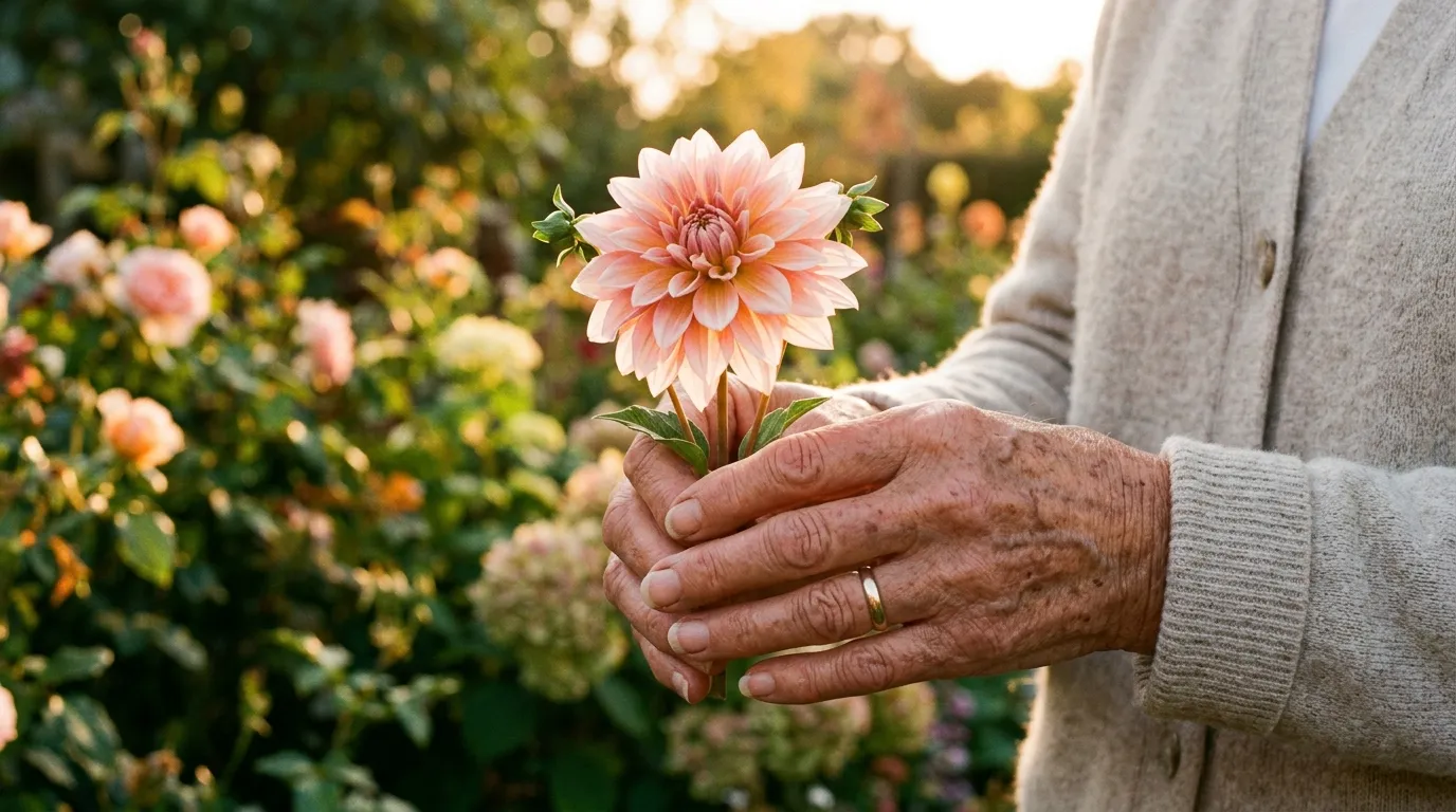 Aged hands with visible joint bumps gently holding a bright yellow flower