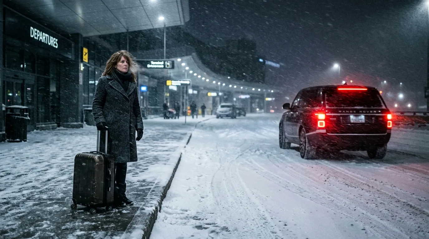 A woman left stranded at a snowy airport curb as a black SUV drives away into the blizzard.