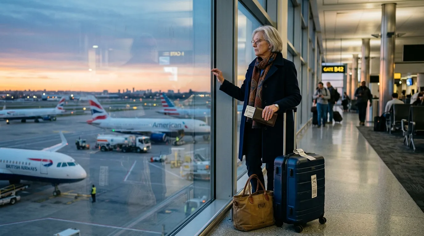Older woman looking out at airplanes at the airport terminal