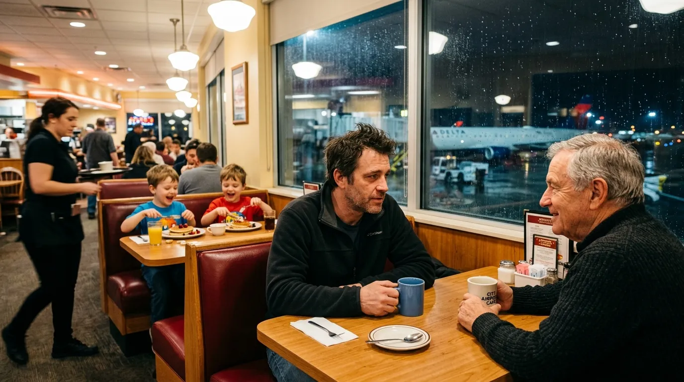 A father and son having a serious conversation in an airport diner while kids eat in the background
