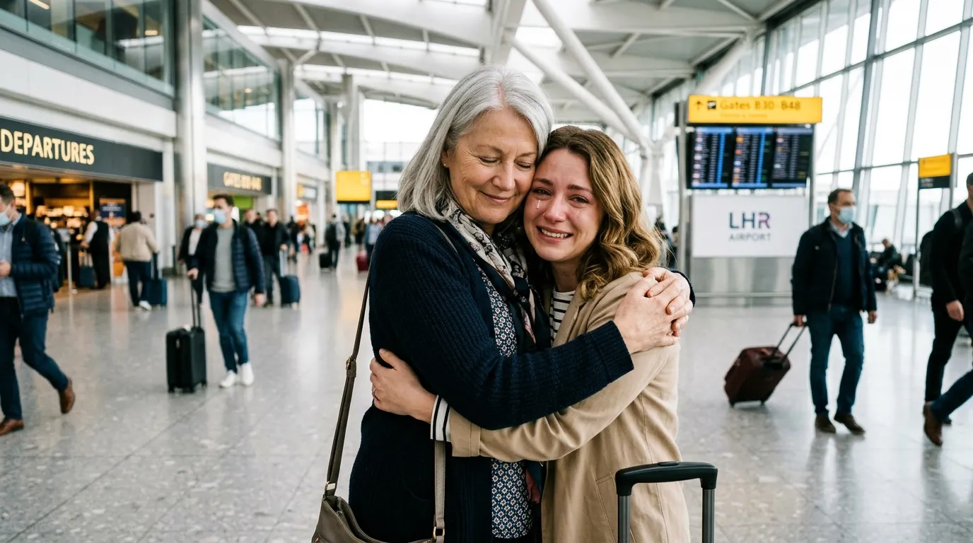 A mother hugging her son at an airport terminal while he secretly slips a card into her pocket
