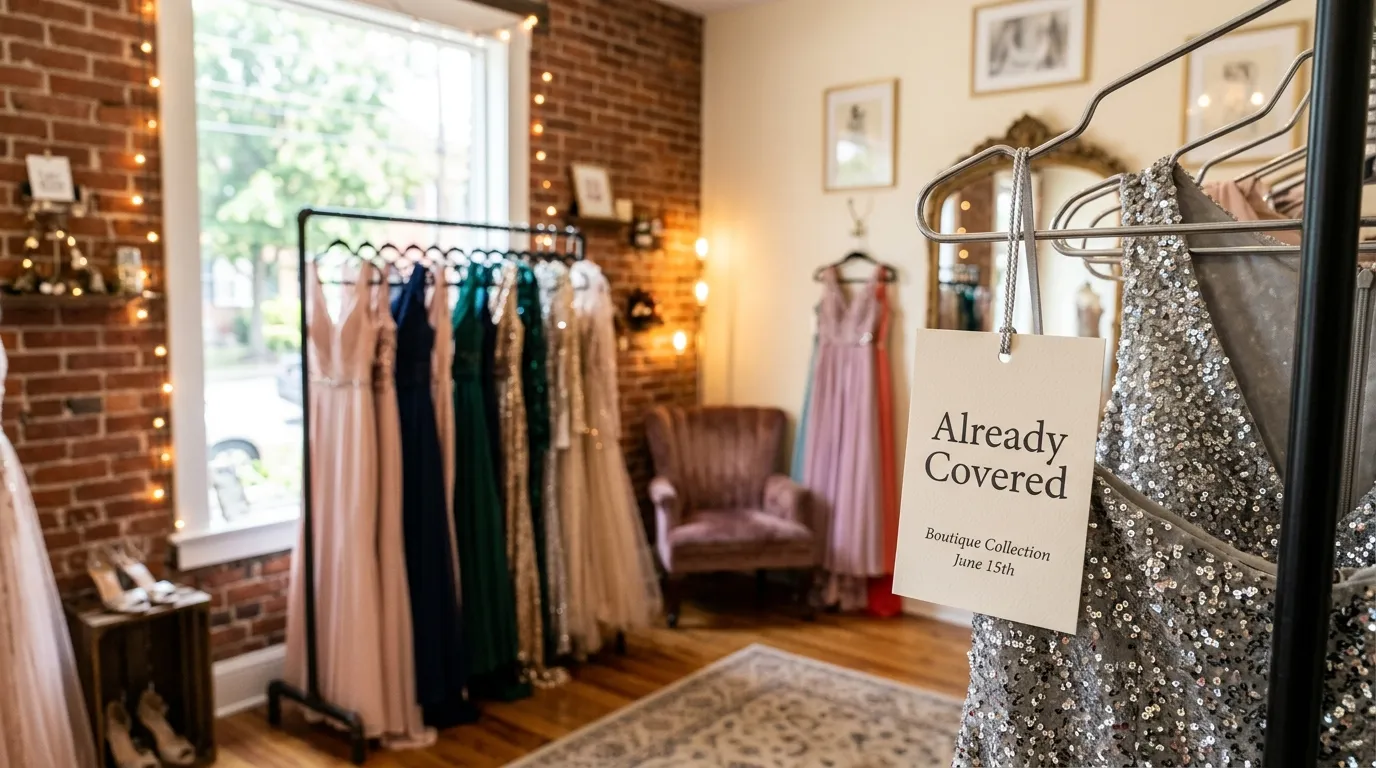 A tag hanging from a beautiful formal dress that reads Already Covered