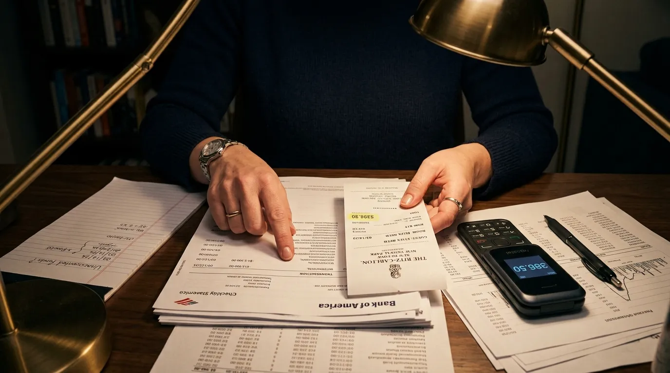 Close up of a woman investigating hotel receipts and financial statements
