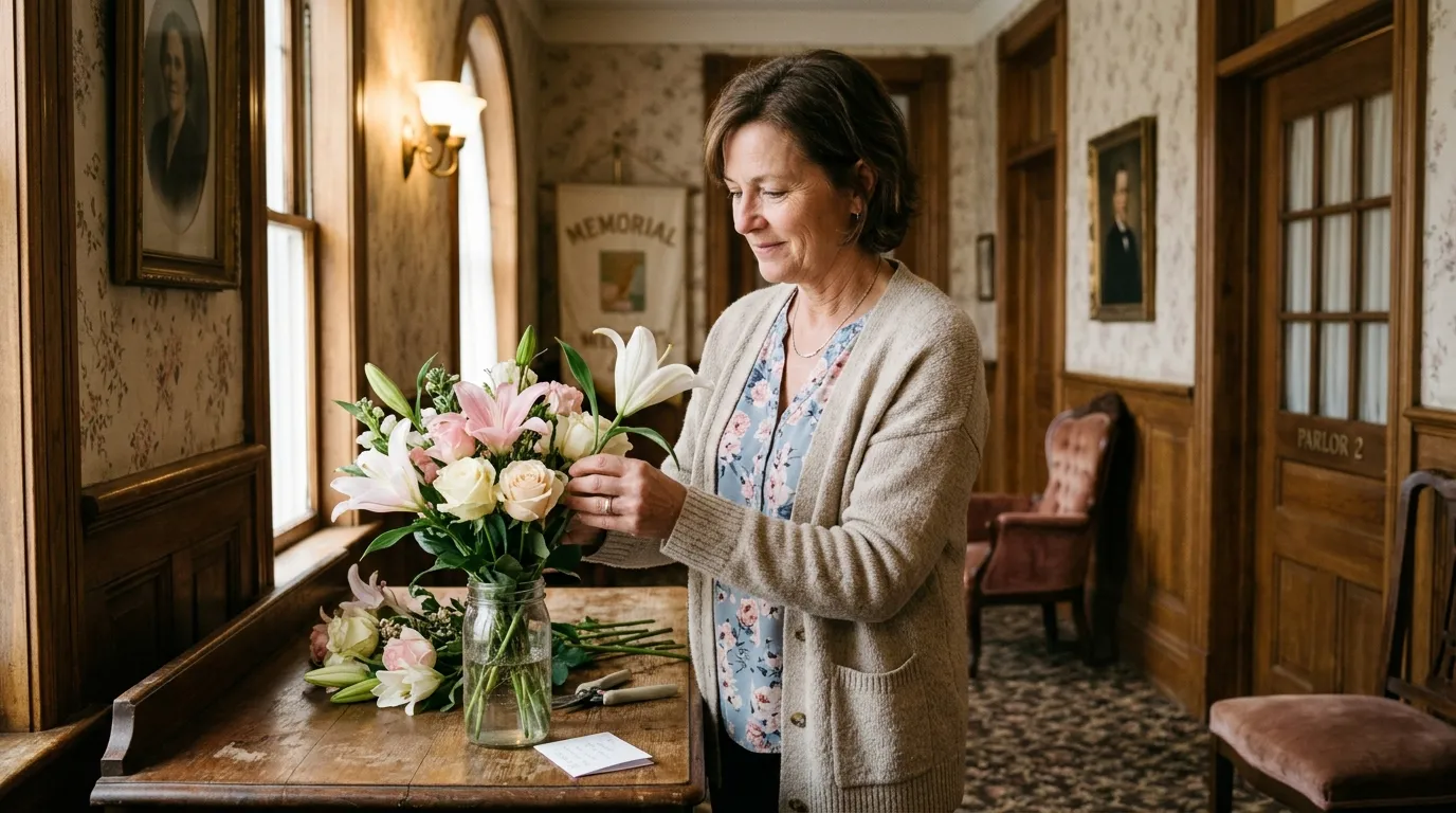 Angela standing in a softly lit room arranging leftover flowers into a mason jar