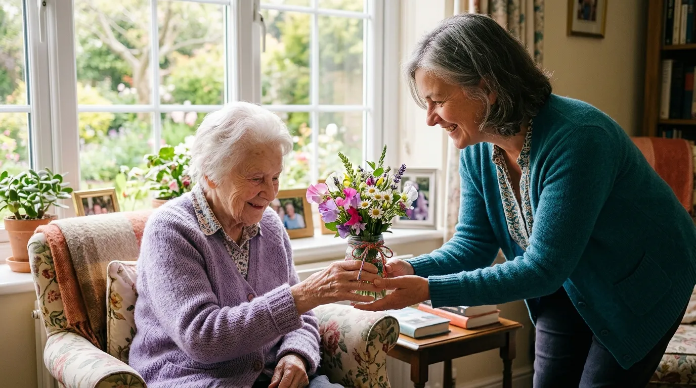 Angela giving a mason jar of flowers to an elderly woman in a lavender sweater