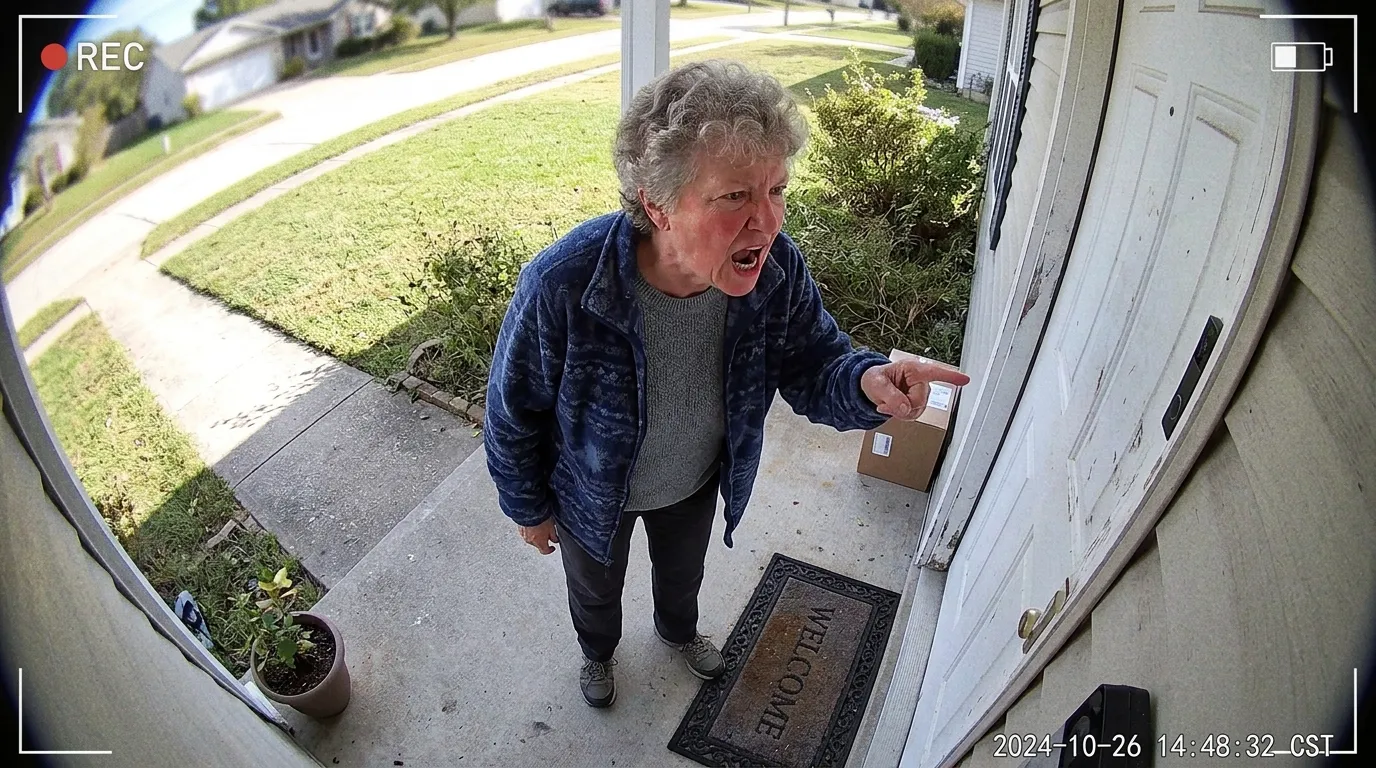 Angry mother-in-law yelling at a front door caught on a doorbell camera