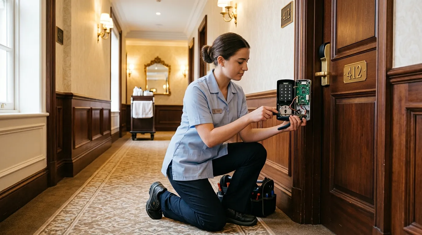 A young maid kneeling to fix an electronic door lock in a luxurious hallway