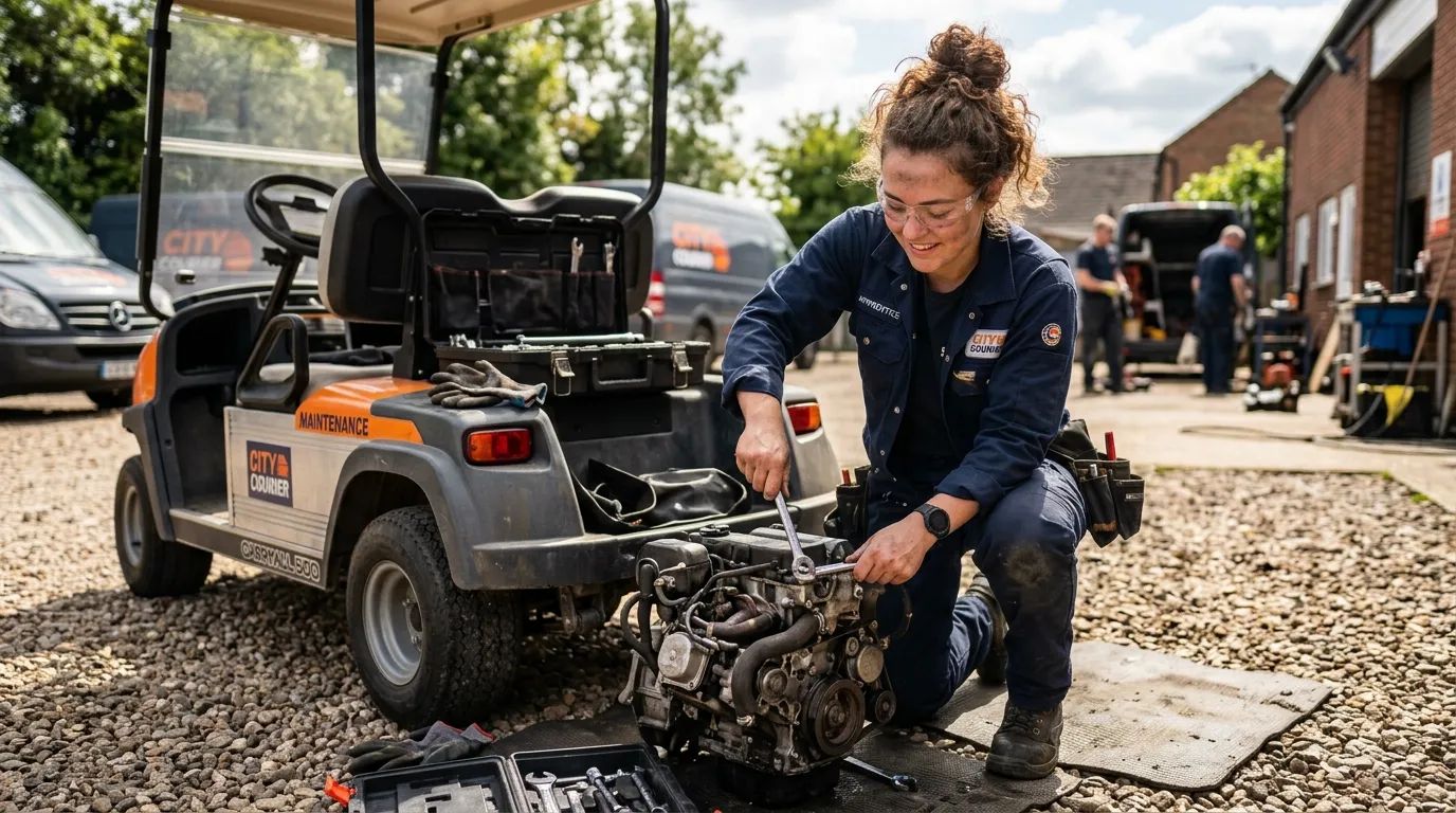 Annie confidently repairing a delivery cart outside