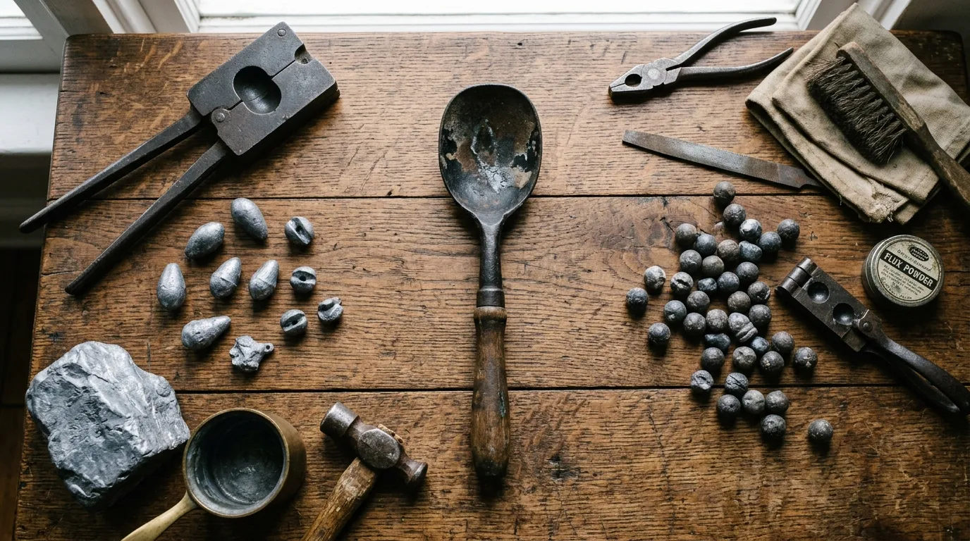 A casting spoon surrounded by antique metal molds, lead bullets, and fishing sinkers