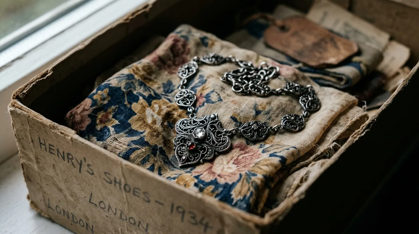 A beautiful, intricate antique silver necklace resting on a vintage scarf inside a shoebox.