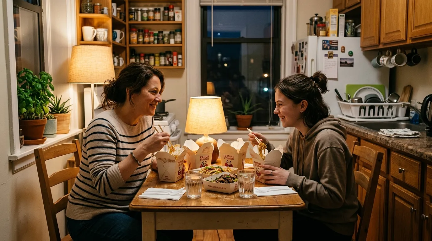 A mother and teenage daughter eating Chinese takeout in a small apartment kitchen.