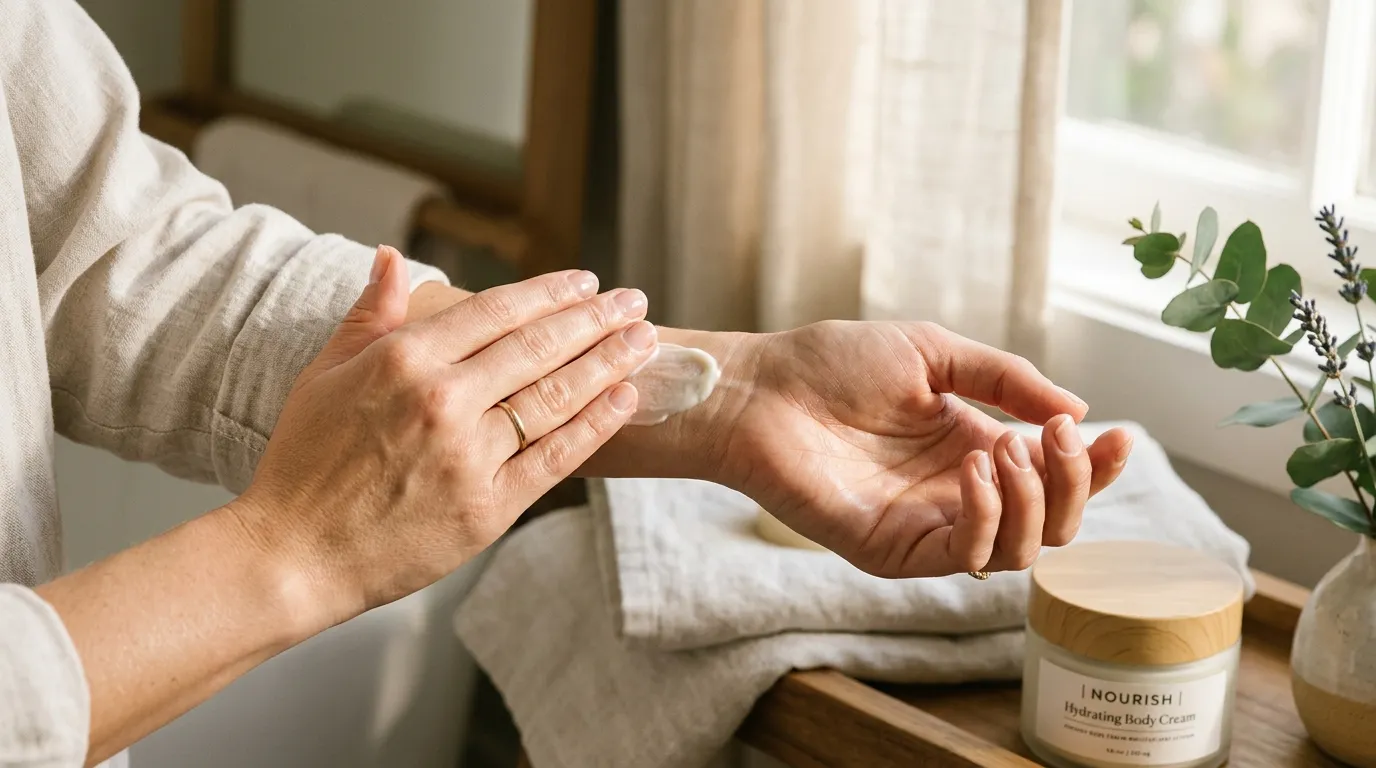 Close up of hands gently rubbing rich moisturizer into the skin
