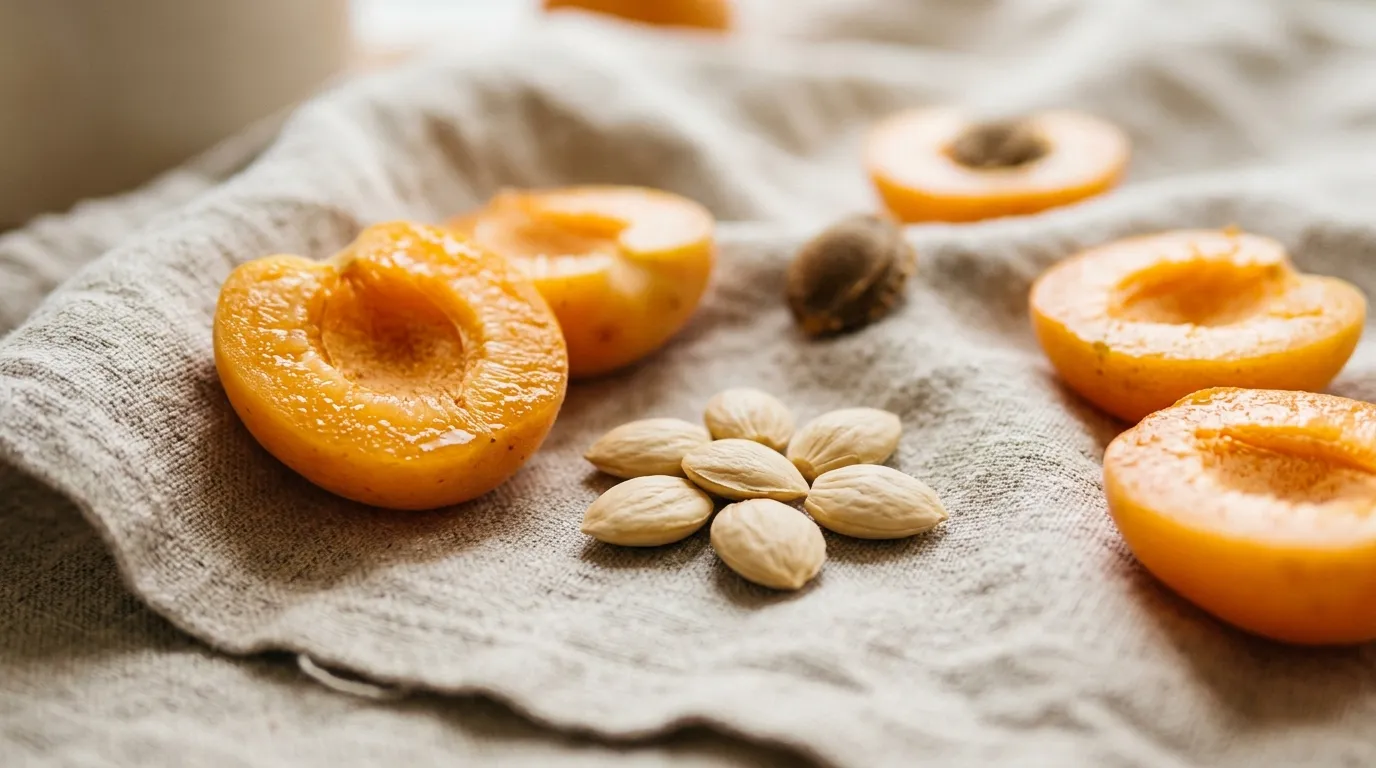 Fresh apricots sliced open to reveal their inner kernels