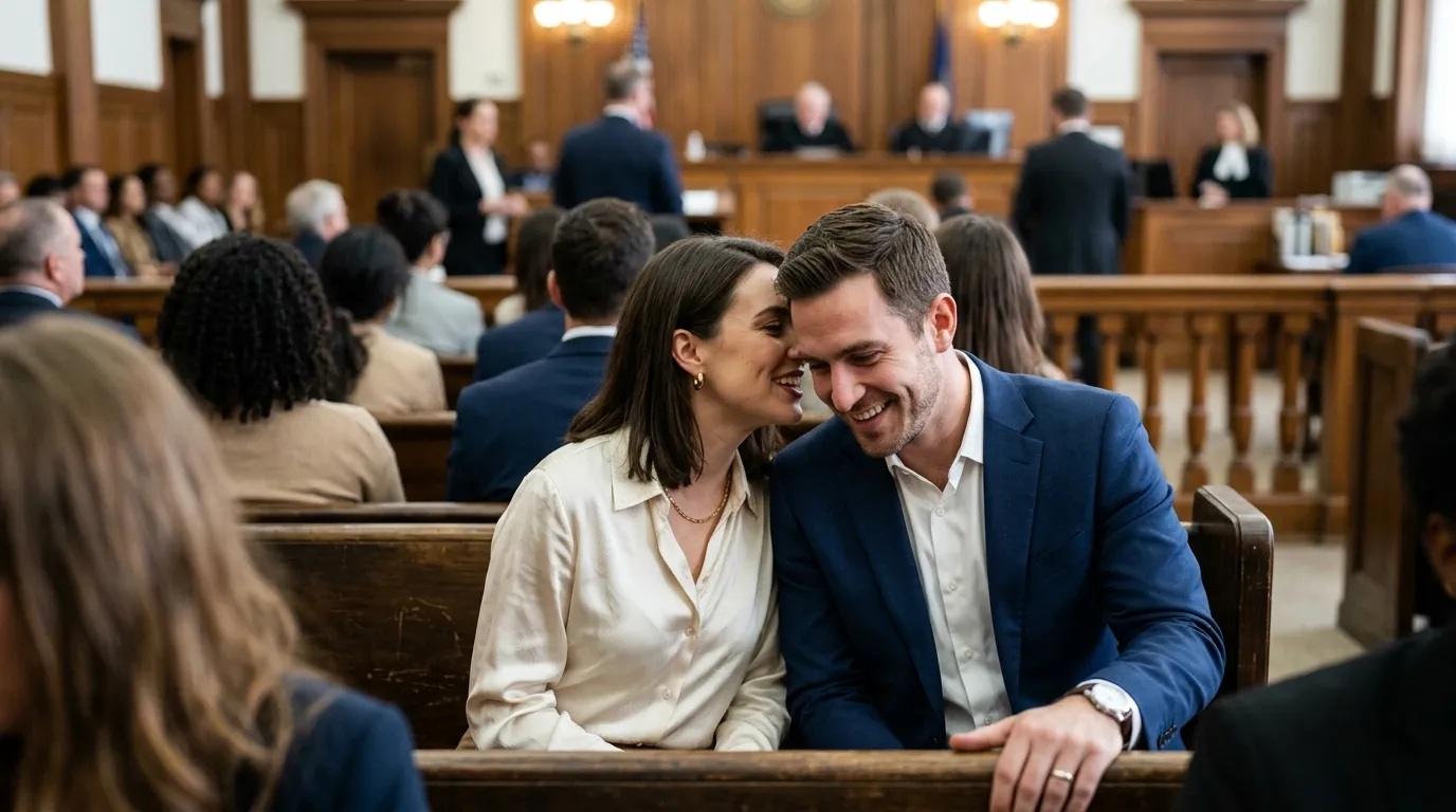 A smug younger couple whispering to each other in a courtroom gallery, looking arrogant and triumphant.