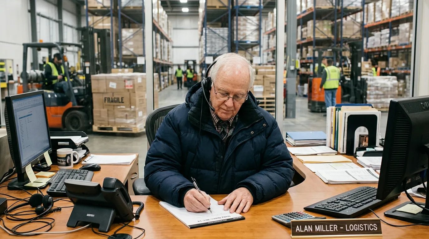 Elderly man wearing a headset working diligently at a warehouse front desk