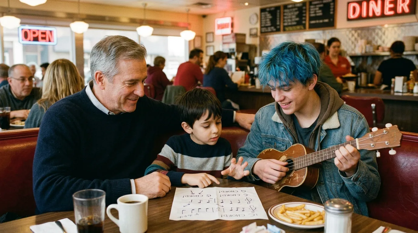 Elderly man in a wool coat teaching a teenage boy with blue hair to play a scratched acoustic guitar in a diner booth