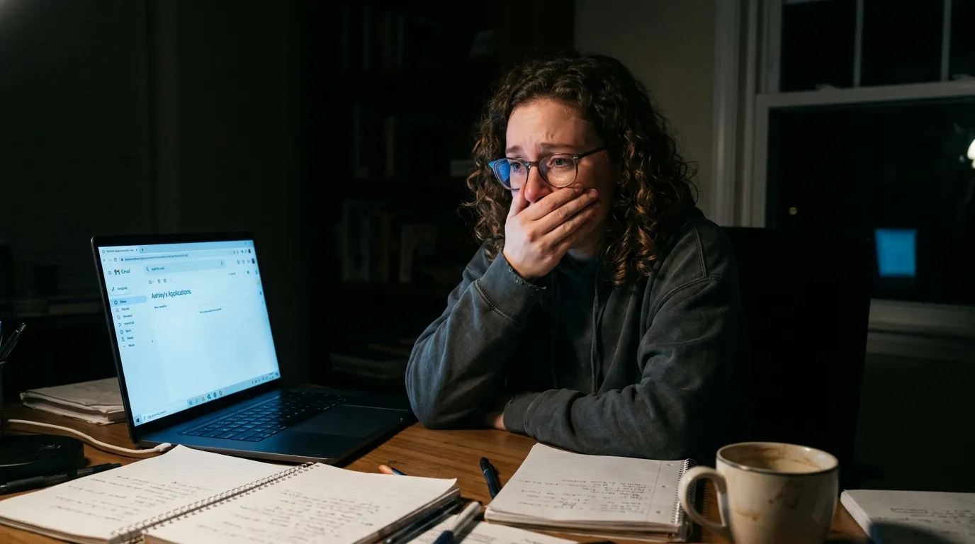 Ashley in a dim office reading incriminating emails on Matthew's laptop