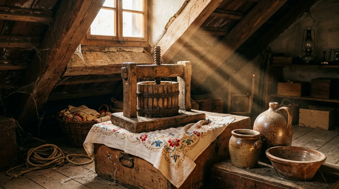 An antique wooden cheese press sitting in a sunlit, dusty attic next to stoneware pots.