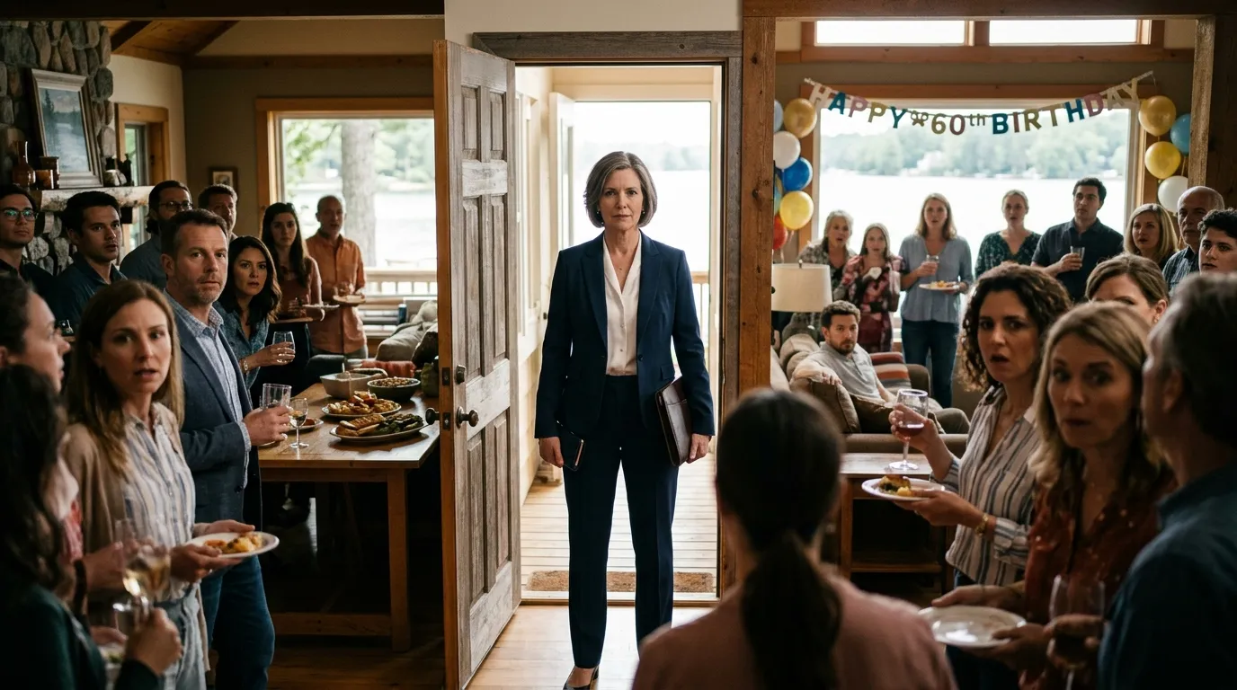 Aunt Rebecca standing in the doorway holding a leather briefcase
