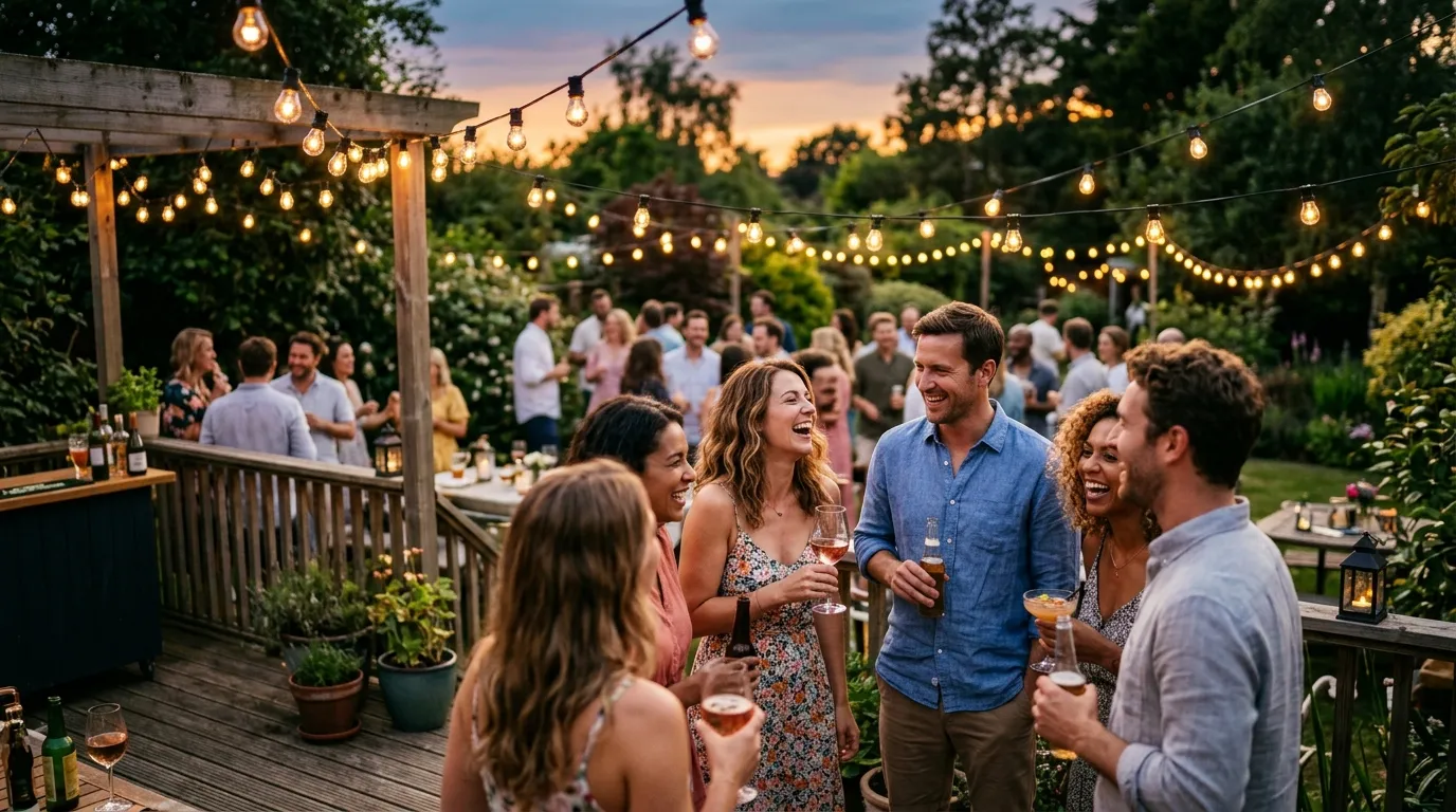 A beautifully decorated backyard patio at dusk with string lights and happy guests mingling.