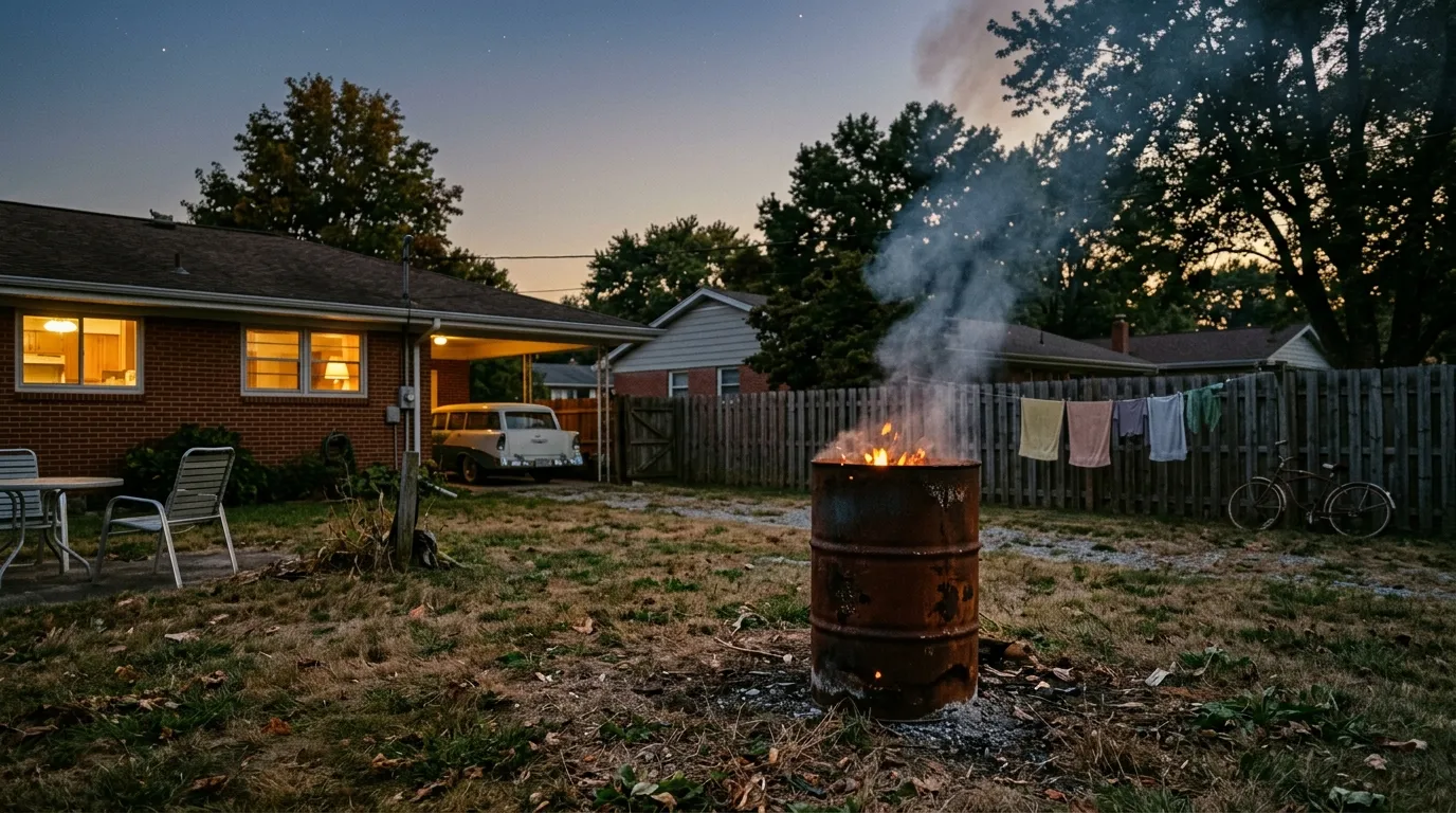 A rusty metal burn barrel glowing with a small fire in a suburban backyard at dusk.