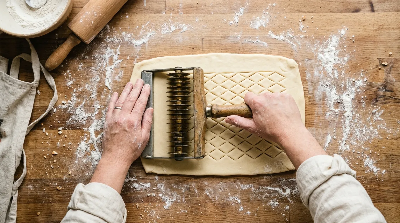 Baker using a lattice roller on fresh pie dough dusted with flour