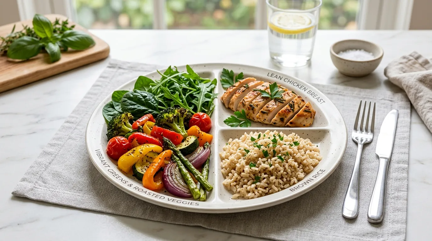 A perfectly balanced dinner plate showing ideal proportions of veggies, protein, and grains