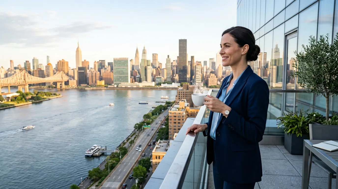 A successful businesswoman looking out over the city skyline from a high balcony.