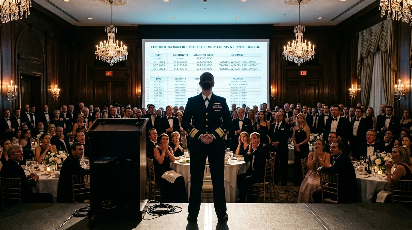 A Navy officer standing in front of a shocked ballroom crowd as bank records project on a screen.