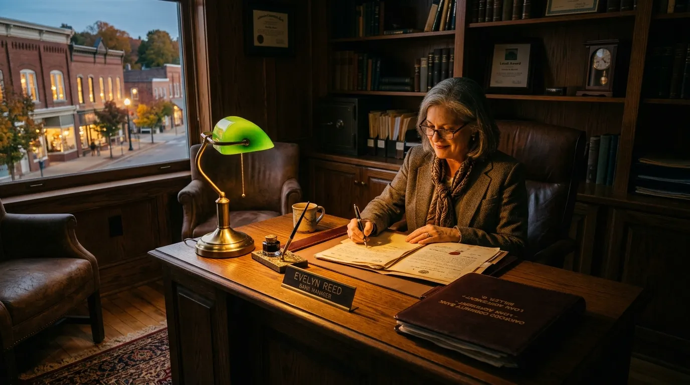 Old legal documents and a folder sitting on a wooden desk in a bank manager's office