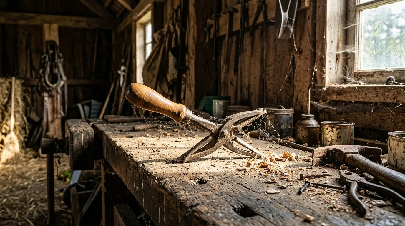 A mysterious vintage wooden-handled tool resting on a dusty workbench in an old barn.