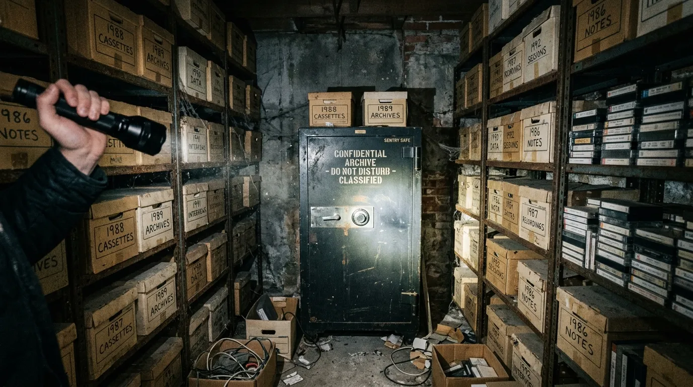 Hidden basement room filled with metal shelves and a fireproof cabinet