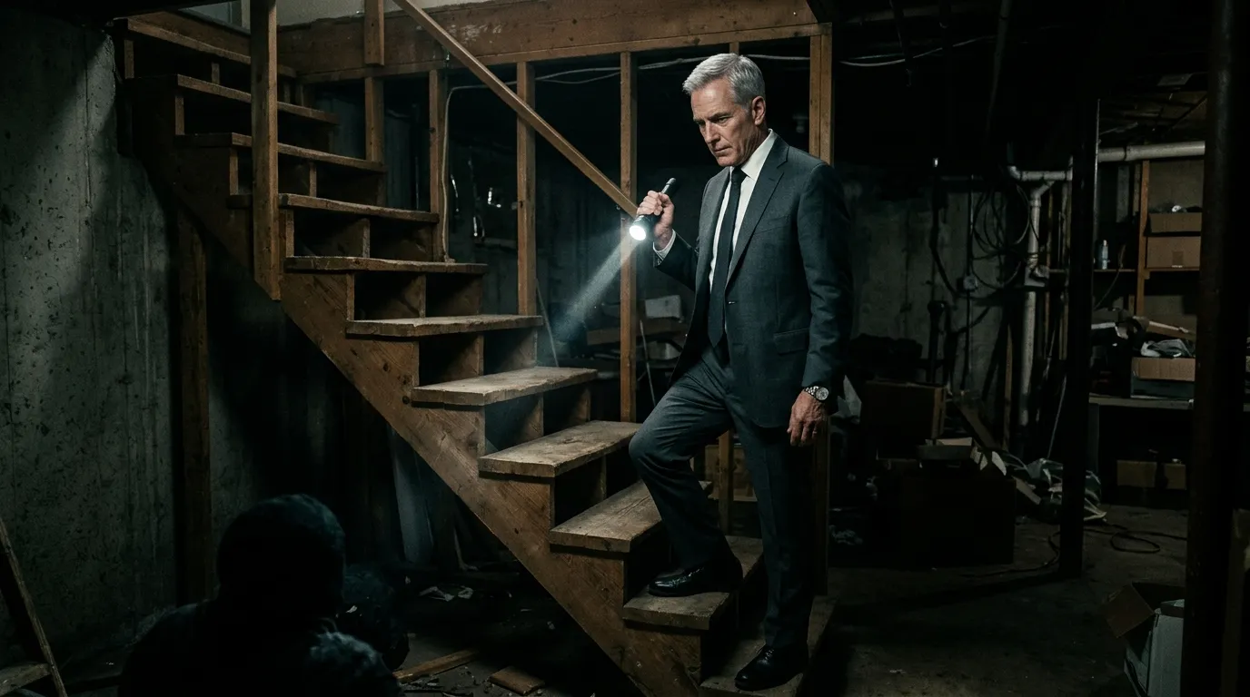 Tense standoff in a dark basement with a man in a suit holding a flashlight