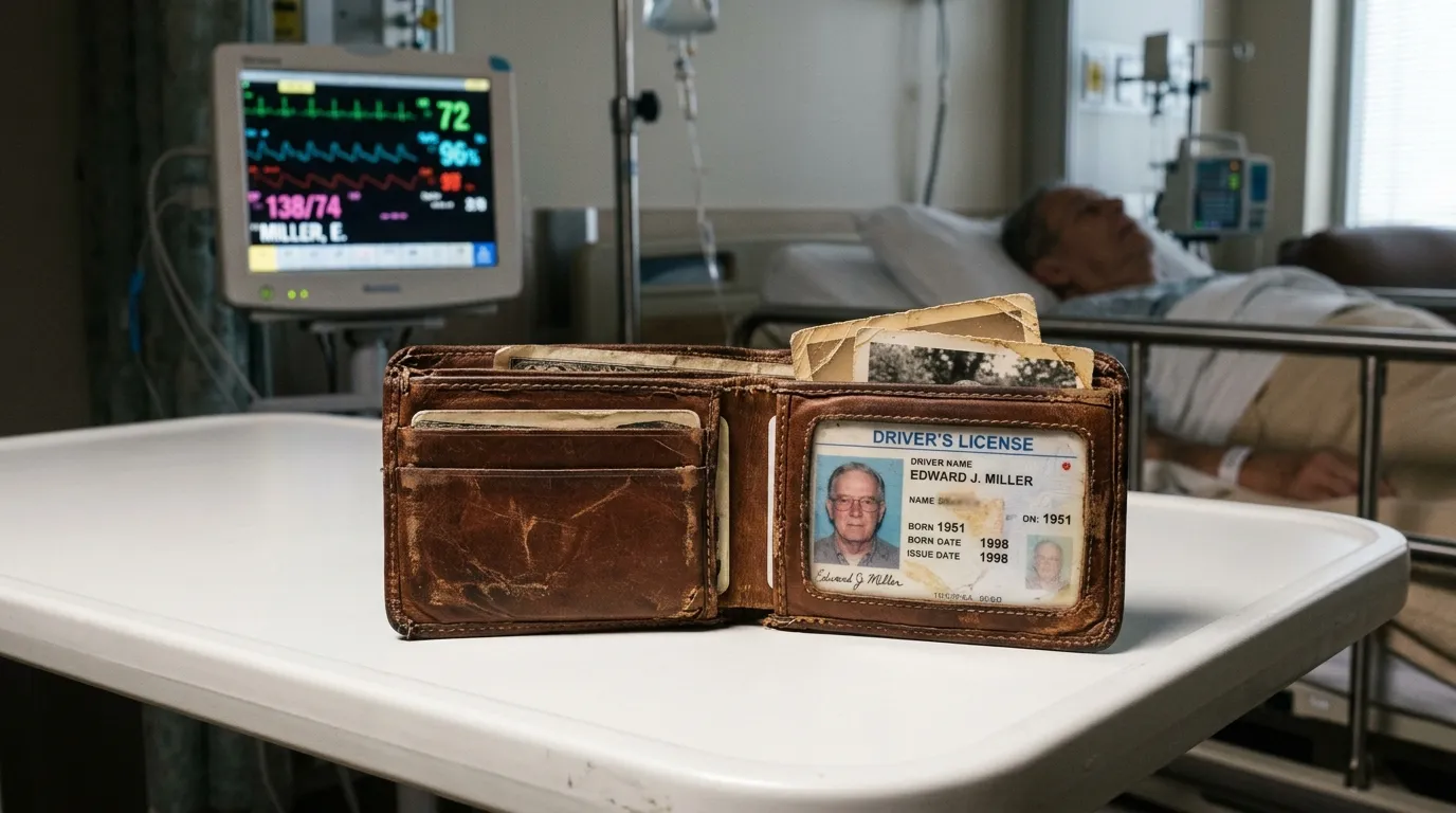 A close up of a worn brown leather wallet on a hospital table, revealing the edges of two vintage photographs.