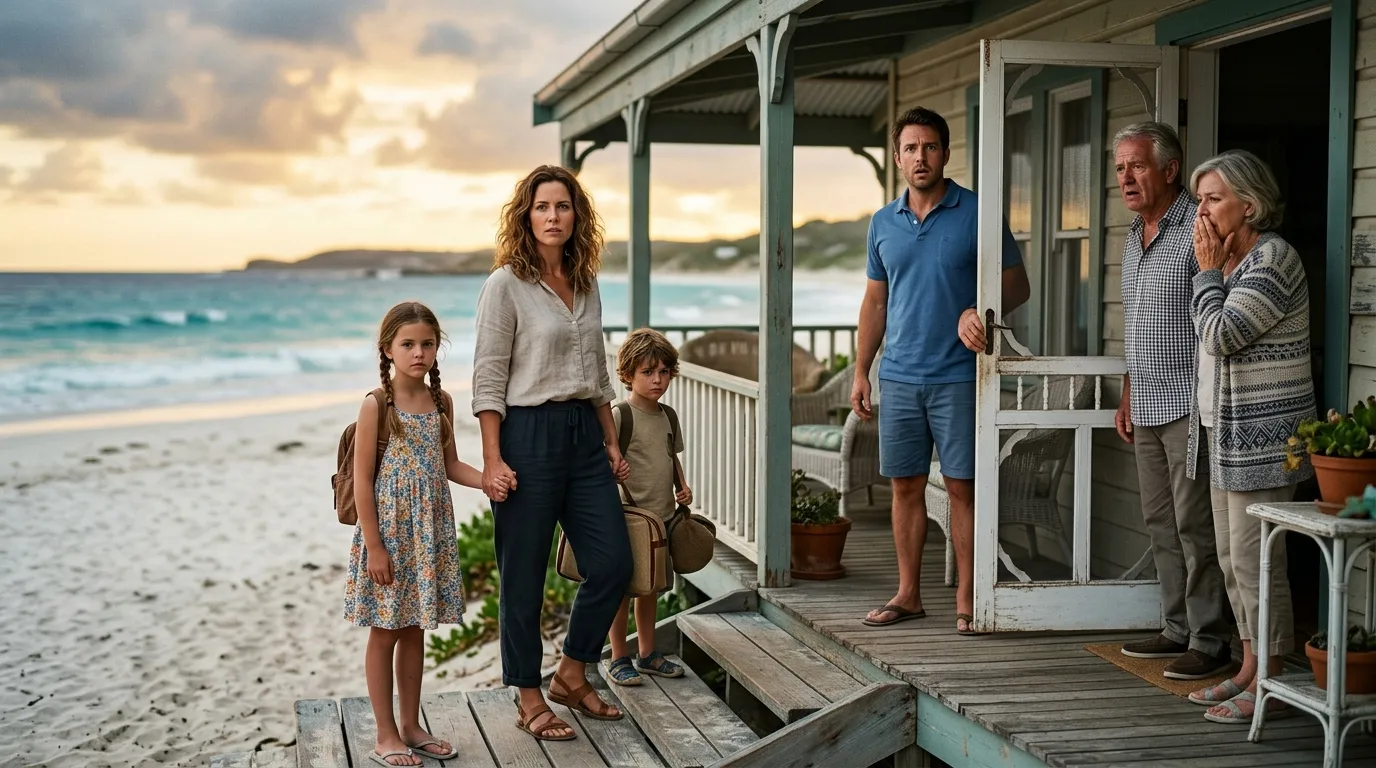 A tense standoff on the wooden porch of a coastal beach house